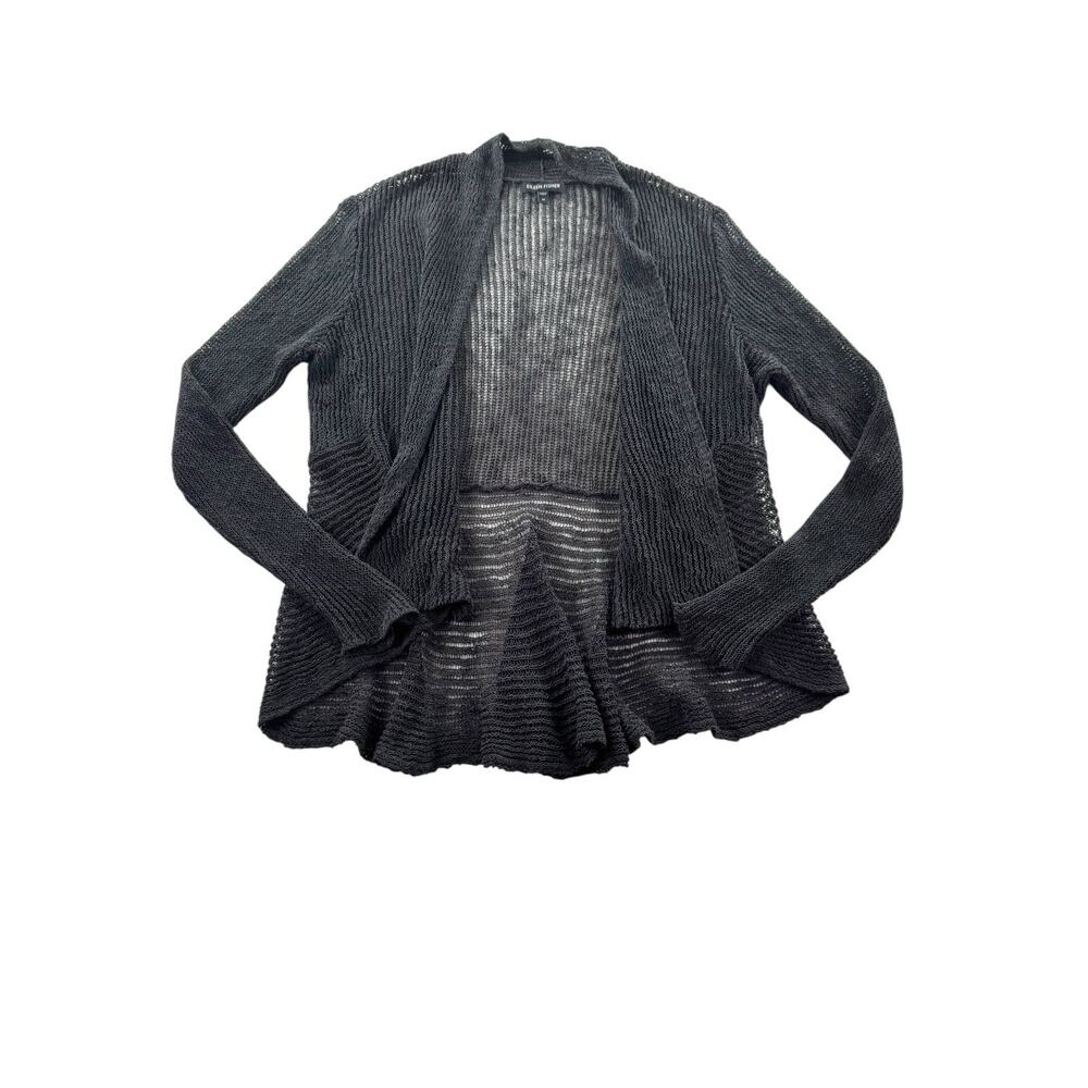 Eileen Fisher Peplum Cardigan Womens M Linen Cotton Charcoal Grey Open Knit